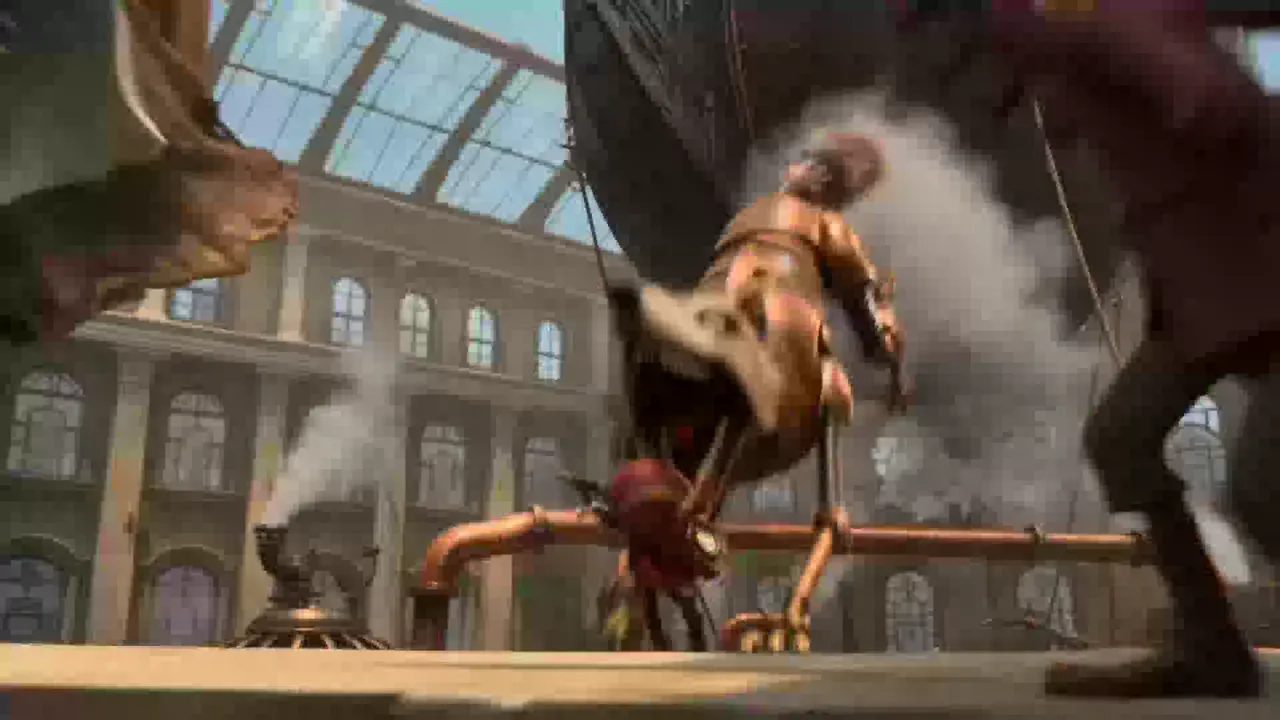 An animated aviator races through a steampunk city with mechanical wolves.